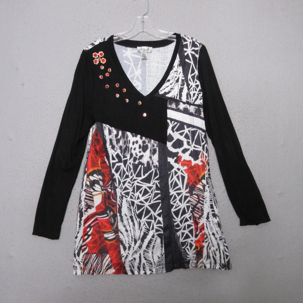 Anis A Tunic‎ Top Medium Patchwork Art to Wear V-Neck Embellished Lagenlook